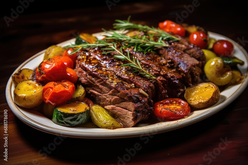 Tender pieces of grilled marinated steak with a mixture of roasted vegetables: bell peppers, zucchini, potatoes,cherry tomatoes, with an aromatic herb-infused sauce.