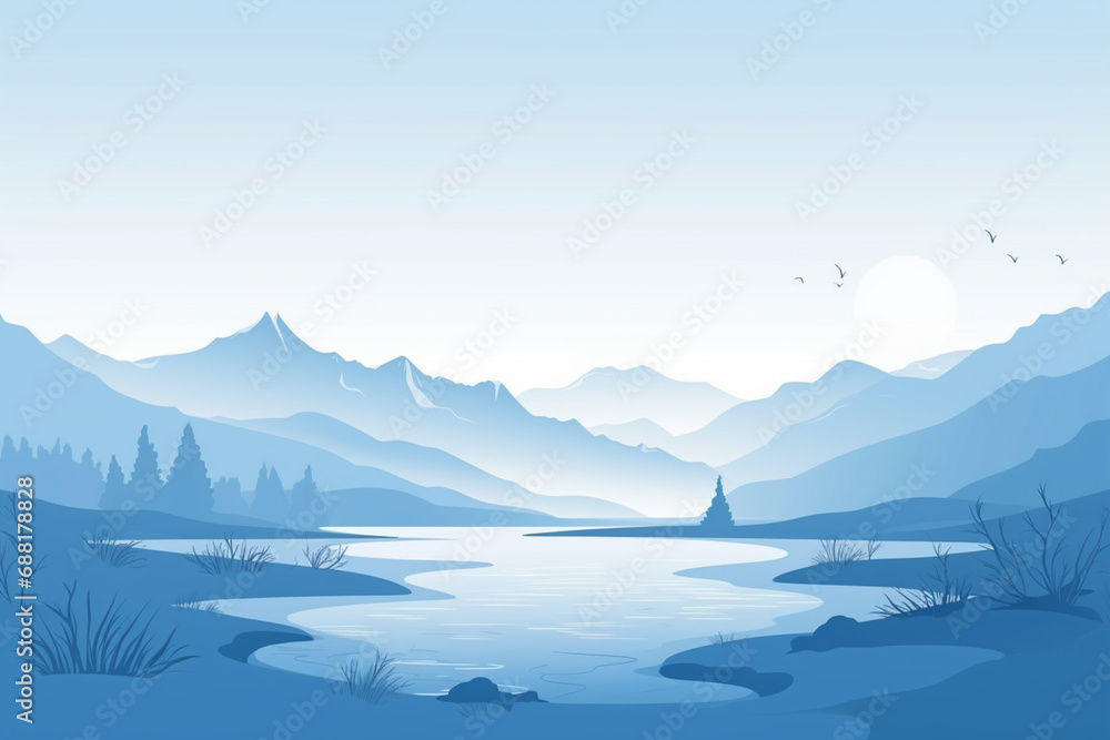 Flat illustration of a mountain landscape with silhouettes of mountains, hills, forest, sky and lake
