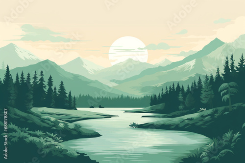 Flat illustration of a mountain landscape with silhouettes of mountains  hills  forest  sky and lake