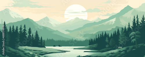 Flat illustration of a mountain landscape with silhouettes of mountains, hills, forest, sky and lake