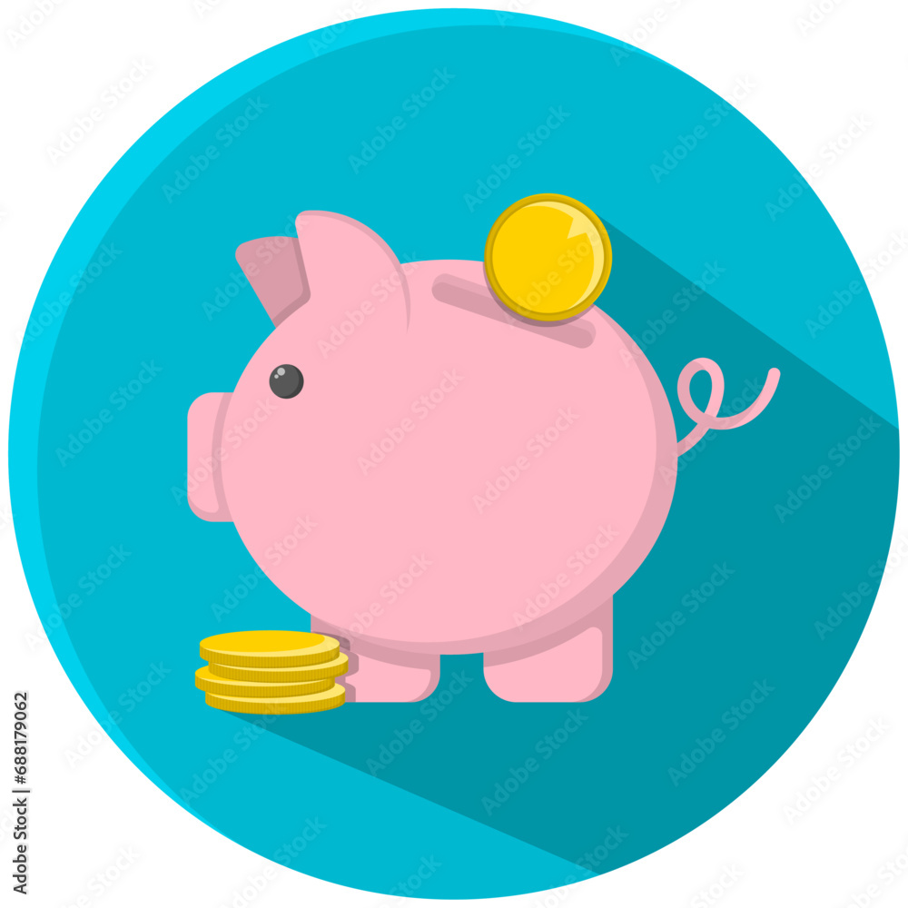 Fototapeta premium Vector image. Pink piggy bank with coins. Round blue background.
