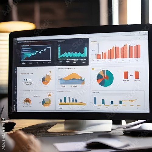 Analyst Works on Personal Computer Showing business analytics dashboard with charts, metrics and KPI to analyze performance and create insight reports for operations management. Data analysis concept.