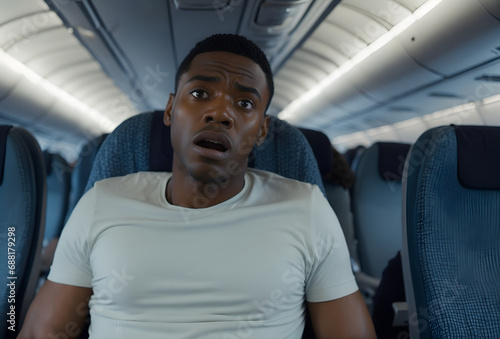 Scared young black man in a plane. Panic on board