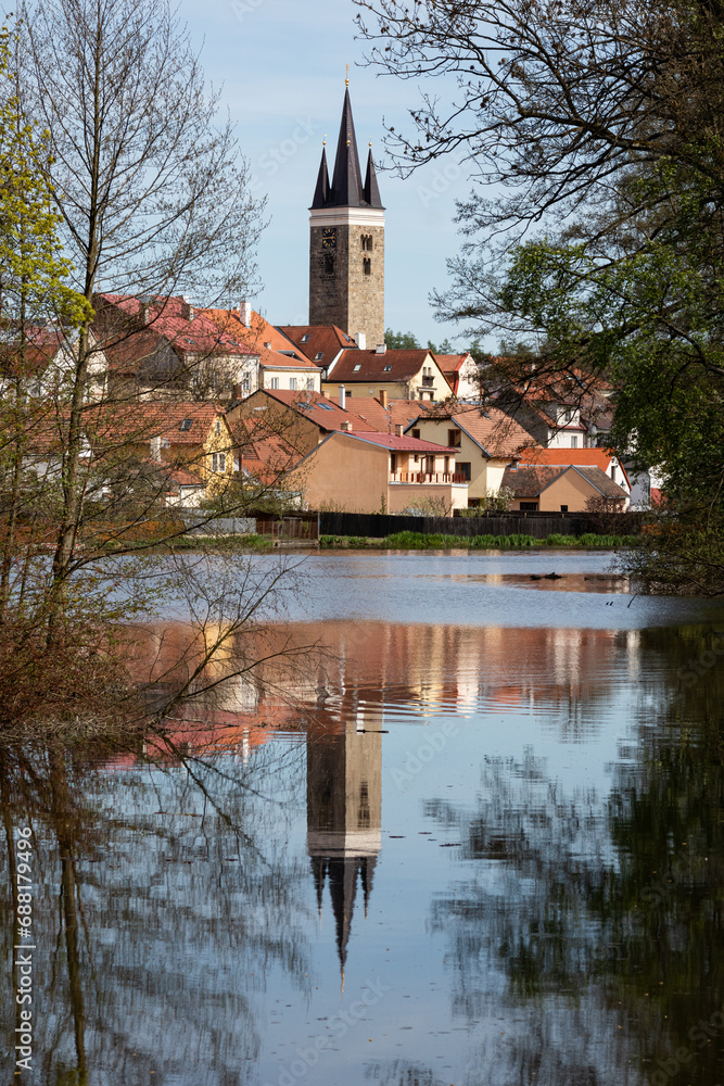 Telc town - tower with pond on foreground, Czech Republic Telc town - tower with pond on foreground, Czech Republic