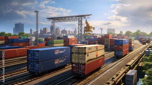 container cargo, featuring a freight train, the concept of business logistics, air cargo trucking, rail transportation, and maritime shipping.