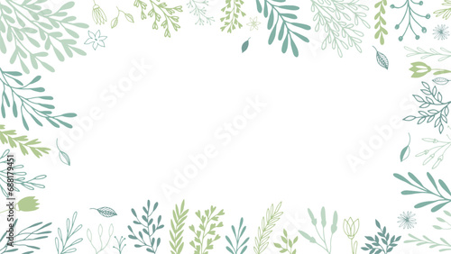 A White Background With Green Leaves And Flowers. Green Floral vector Banner. Elegant Botanical Frame for Invitations and Greetings. Floral frame with green leaves and flowers. 