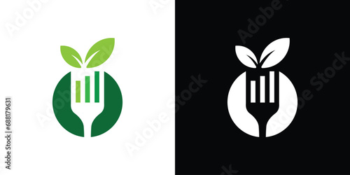 Health Food Logo Design. Fork Leaf and Chart For Improved Diet Process with Minimalist Style. Icon Symbol Vector Template.