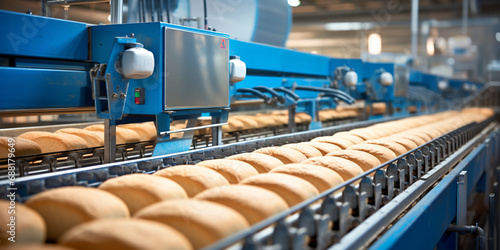 In a modern bakery factory, a loaf of bread production line is on an automated conveyor system. ai generative