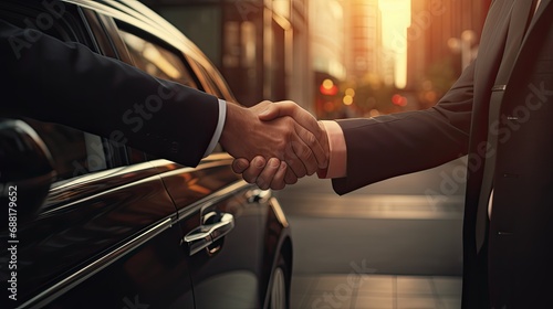 a businessman's hands and a chauffeur by a car door, the hand of a male person on a vehicle handle, emphasizing professional transport service. © lililia