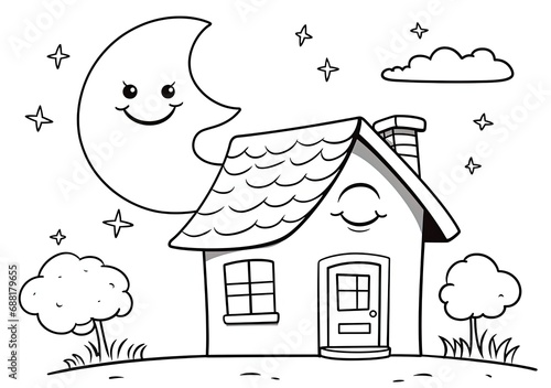 Adorable coloring pages for kids, featuring a whimsical house under a smiling crescent moon. Generative AI.