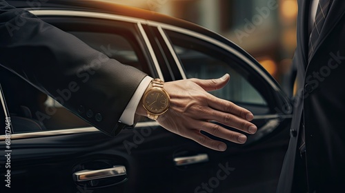 a businessman's hands and a chauffeur by a car door, the hand of a male person on a vehicle handle, emphasizing professional transport service. © lililia