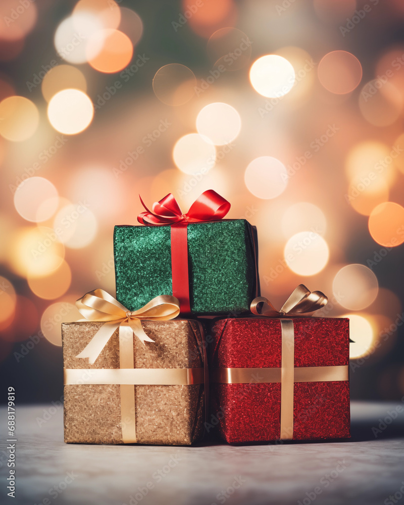 Festive Holiday Gifts, Wrapped Christmas Presents, Holiday Spirit Presents On A Neutral Background Festive Holiday Gifts, Wrapped Christmas Presents, Holiday Spirit Presents On A Neutral Background