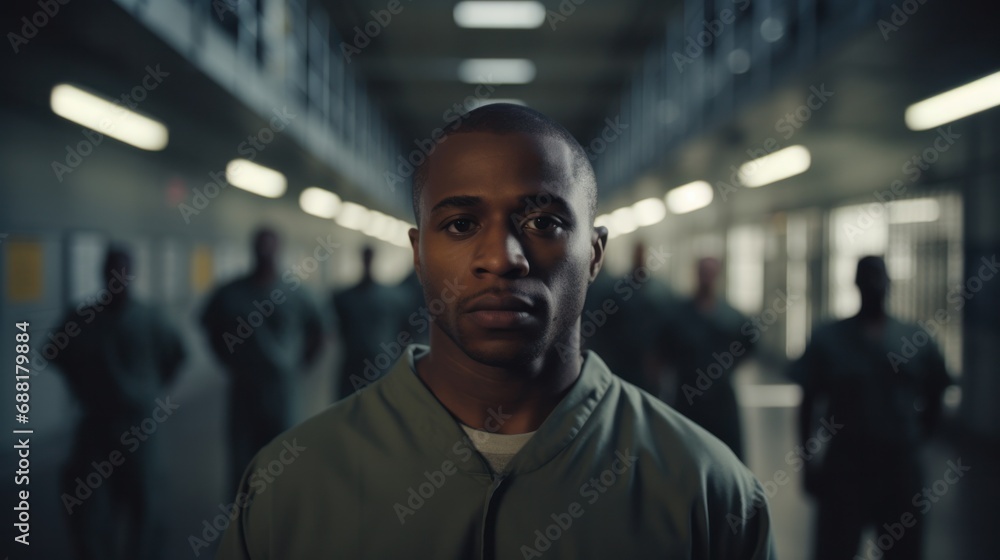Strong African American Prison Guard Patrolling Cells of Incarcerated Prisoners - obrazy, fototapety, plakaty 
