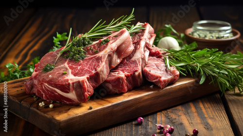rack of raw lamb with herbs on a wooden board. ai generative