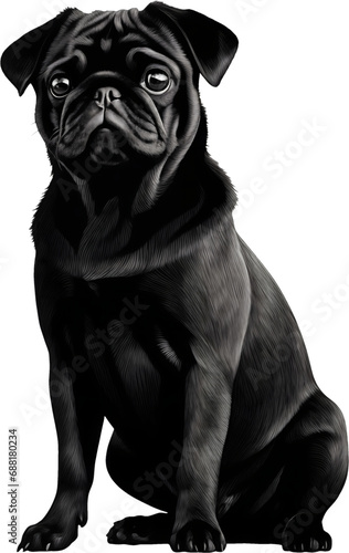 black Pug dog in standing pose and with somewhat unhappy facial expression