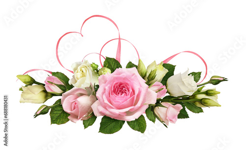 Pink roses and eustoma (Lisianthus) flowers with silk ribbon heart in a festive floral arrangement for Valentine Day isolated on white or transparent background photo