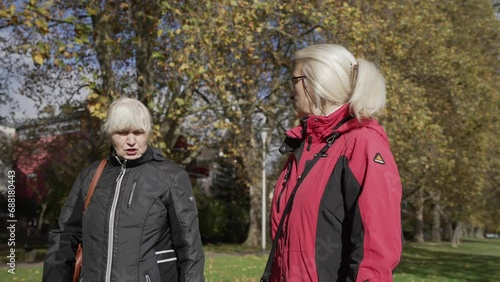 Senior Caucasian Sisters in Autumn Park Discussing and Arguing. Granny pissed off. Disputing, argument, controversy