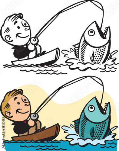 A vintage retro cartoon of a man in a boat hooking a large fish with his fishing rod. 