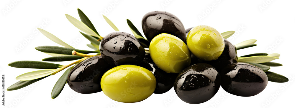 Delicious olives with leaves, cut out - obrazy, fototapety, plakaty 