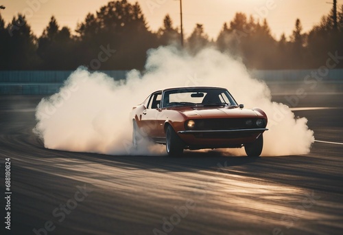 Sports car performing burnout or drifting on racing track with smoke and heat