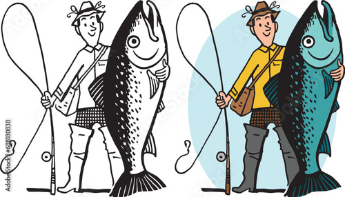 A vintage retro cartoon of a proud fisherman holding up the giant fish that he caught. 