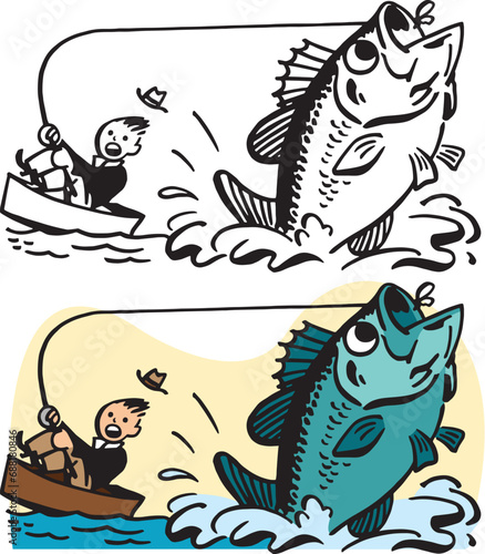 A vintage retro cartoon of a man in a rowboat catching a giant fish with a fishing rod. 
