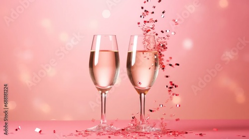 two champagne glasses with splashes of red hearts in confetti form on a chic pink background. Ideal for conveying the spirit of celebration and love, perfect for Valentine's Day greetings