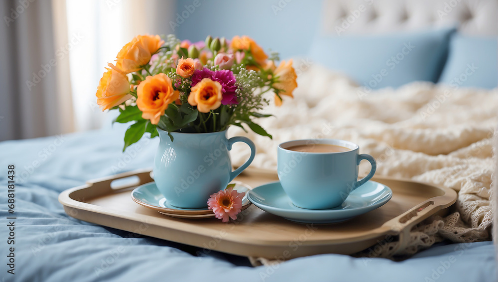 Tray with a blue cup of coffee, vase with beautiful flowers on the bed in the room romantic
