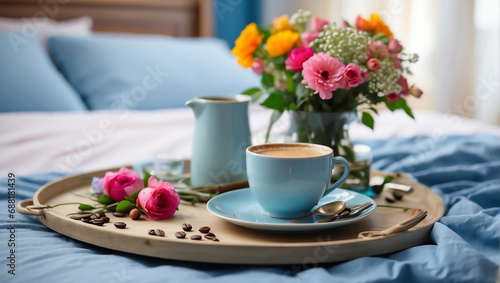 Tray with a blue cup of coffee, vase with beautiful flowers on the bed in the room composition