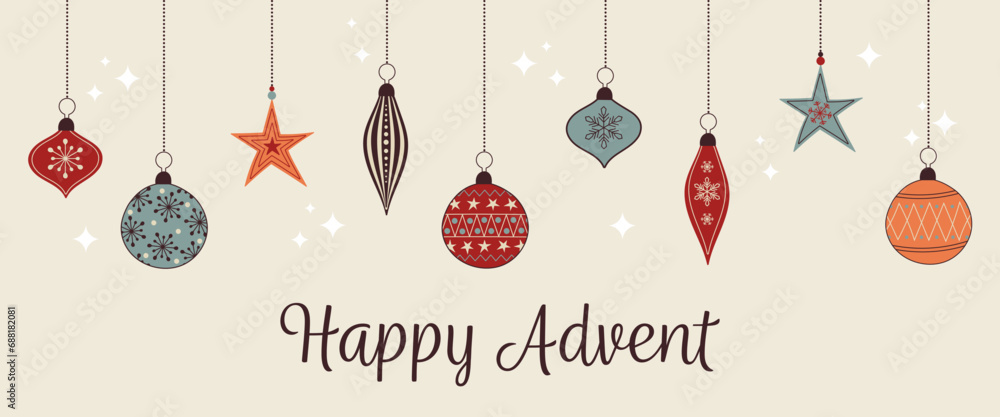 Naklejka premium Happy Advent - Schriftzug in englischer Sprache - Fröhlicher Advent. Grußkarte mit bunten Christbaumkugeln.