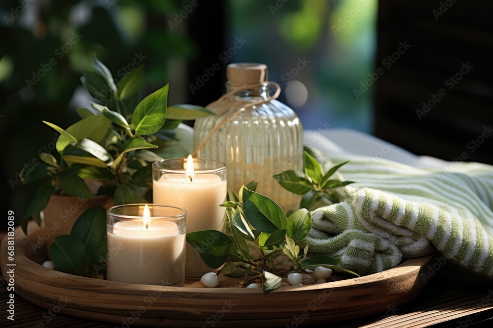 Inviting spa ambiance with soft towels and  green leaves
