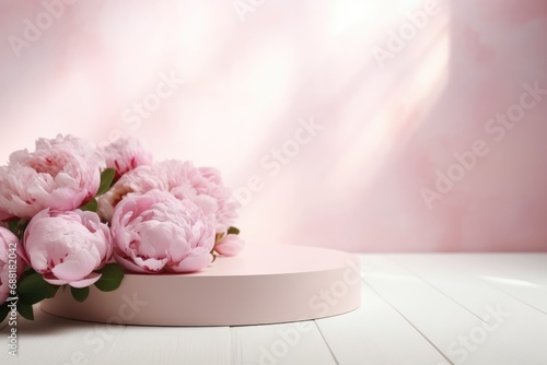 Fototapeta Naklejka Na Ścianę i Meble -  Product podium with pink peonies in spring pastel colors for product presentation. Mockup for branding, packaging