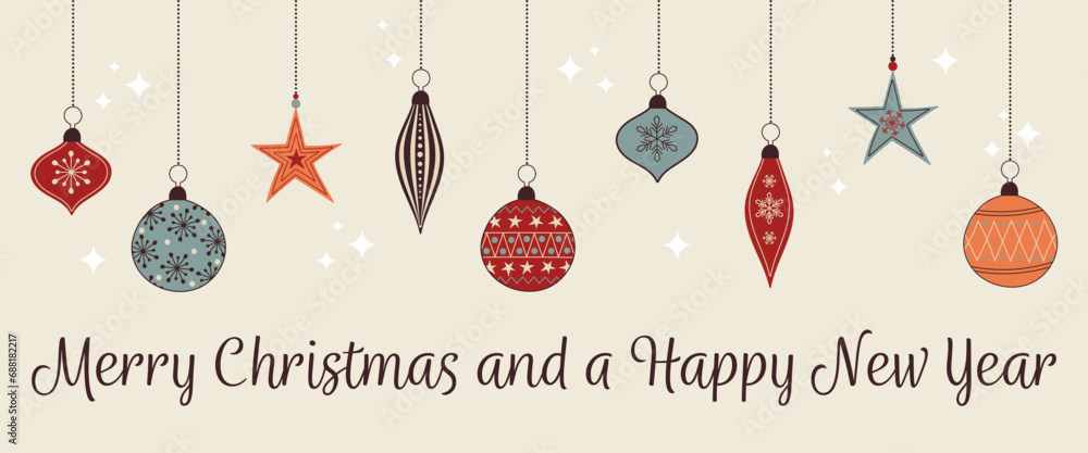 Merry Christmas and a Happy New Year – Schriftzug in englischer Sprache - Frohe Weihnachten und ein glückliches neues Jahr. Weihnachtskarte mit bunten Christbaumkugeln - obrazy, fototapety, plakaty 