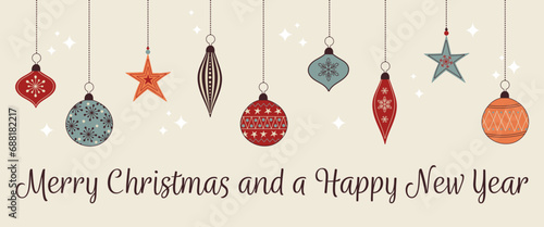 Merry Christmas and a Happy New Year – Schriftzug in englischer Sprache - Frohe Weihnachten und ein glückliches neues Jahr. Weihnachtskarte mit bunten Christbaumkugeln