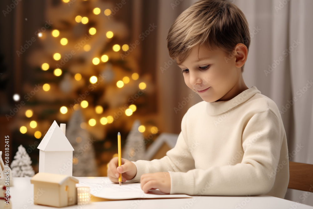 niño escribiendo la carta a los reyes magos de oriente, en el salón de su casa, decorado con motivos navideños y fondo desenfocado de árbol de navidad niño escribiendo la carta a los reyes magos de oriente, en el salón de su casa, decorado con motivos navideños y fondo desenfocado de árbol de navidad