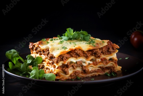 lasagna piece plate with meat and cheese close-up on dark black background