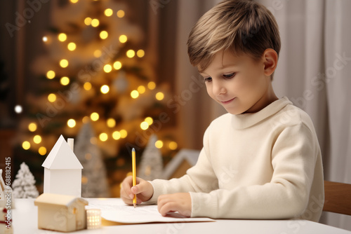 niño escribiendo la carta a los reyes magos de oriente, en el salón de su casa, decorado con motivos navideños y fondo desenfocado de árbol de navidad