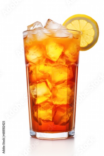 glass of ice tea with lemon isolated on white background