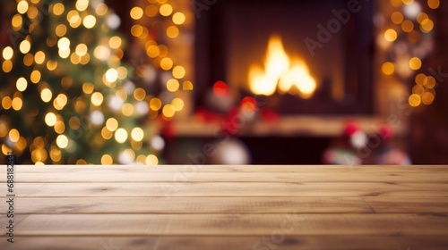 wood dining table and christmas tree in the background with copy space