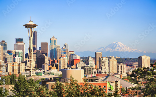 Panorama of Seattle city with mount Rainer in background, Washington US photo