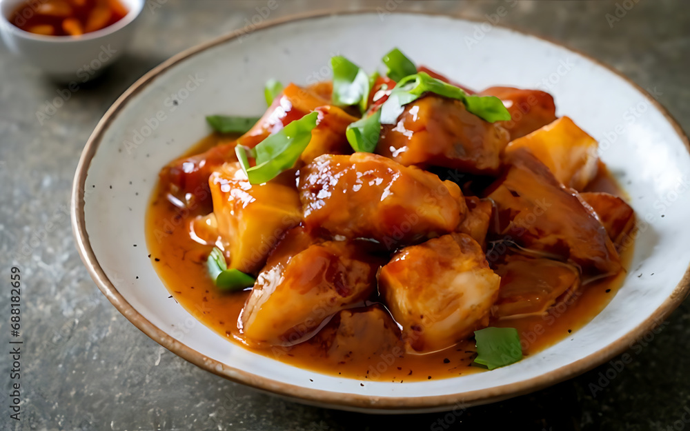 Capture the essence of Sweet and Sour Pork in a mouthwatering food photography shot Generative AI Capture the essence of Sweet and Sour Pork in a mouthwatering food photography shot Generative AI