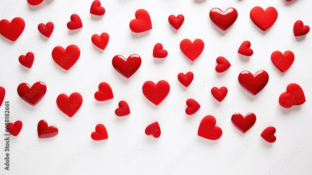 eye-catching stock photos featuring a top view arrangement of red hearts on a pristine white background. Ideal for conveying the essence of Valentine's Day