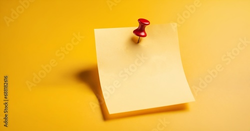yellow note with push pin isolated in yellow background with copy space background photo