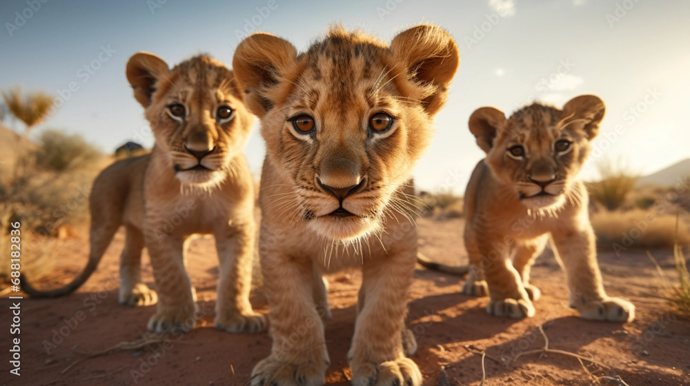 stockphoto, a group of young beautiful lion cubs curiously looking straight into the camera, ultra wide angle lens, front view. Portrait of wildlife in the wilderness of Africa. Environmetal theme. Wi stockphoto, a group of young beautiful lion cubs curiously looking straight into the camera, ultra wide angle lens, front view. Portrait of wildlife in the wilderness of Africa. Environmetal theme. Wi