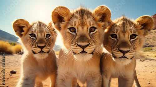 stockphoto  a group of young beautiful lion cubs curiously looking straight into the camera  ultra wide angle lens  front view. Portrait of wildlife in the wilderness of Africa. Environmetal theme. Wi