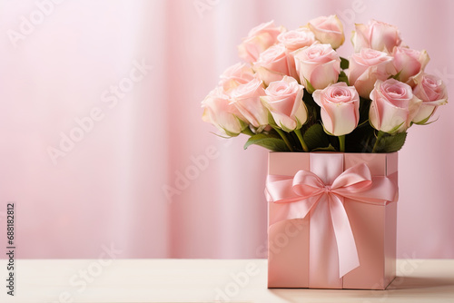 Roses with a gift with an empty space for an inscription