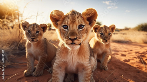 stockphoto, a group of young beautiful lion cubs curiously looking straight into the camera, ultra wide angle lens, front view. Portrait of wildlife in the wilderness of Africa. Environmetal theme. Wi