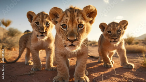 stockphoto, a group of young beautiful lion cubs curiously looking straight into the camera, ultra wide angle lens, front view. Portrait of wildlife in the wilderness of Africa. Environmetal theme. Wi © Dirk