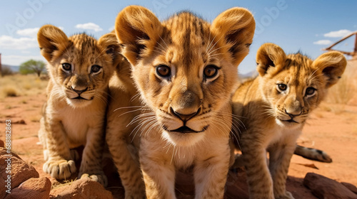 stockphoto  a group of young beautiful lion cubs curiously looking straight into the camera  ultra wide angle lens  front view. Portrait of wildlife in the wilderness of Africa. Environmetal theme. Wi