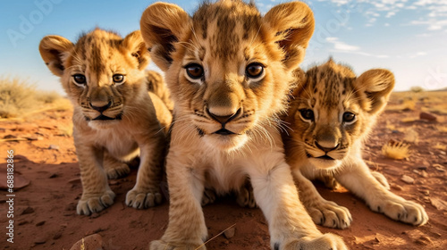 stockphoto  a group of young beautiful lion cubs curiously looking straight into the camera  ultra wide angle lens  front view. Portrait of wildlife in the wilderness of Africa. Environmetal theme. Wi